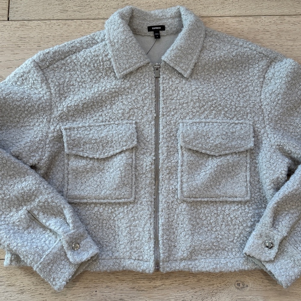 Express Boucle Double Pocket Zip Front Cropped Shacket in Sterling Silver NWT